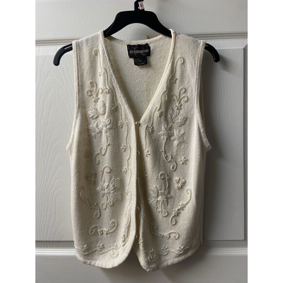Requirements Knit Vest Womens Medium Cream  Pearl Embellished Sleeveless Ramie - Picture 1 of 11